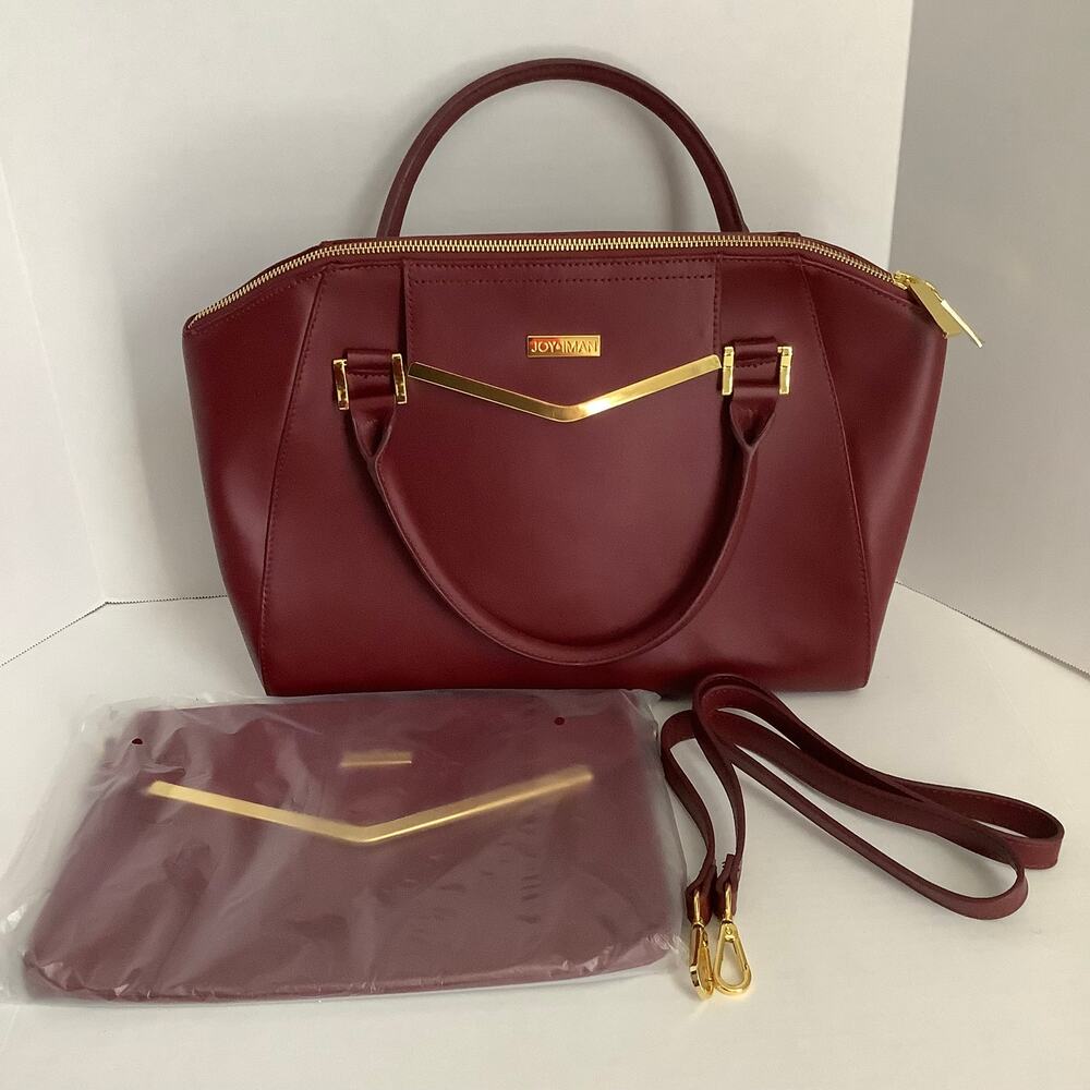 Joy & Iman Maroon Leather Matching Handbag Satchel Set with Shoulder Strap